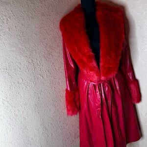 Elegant Red Faux Fur Trimmed Coat